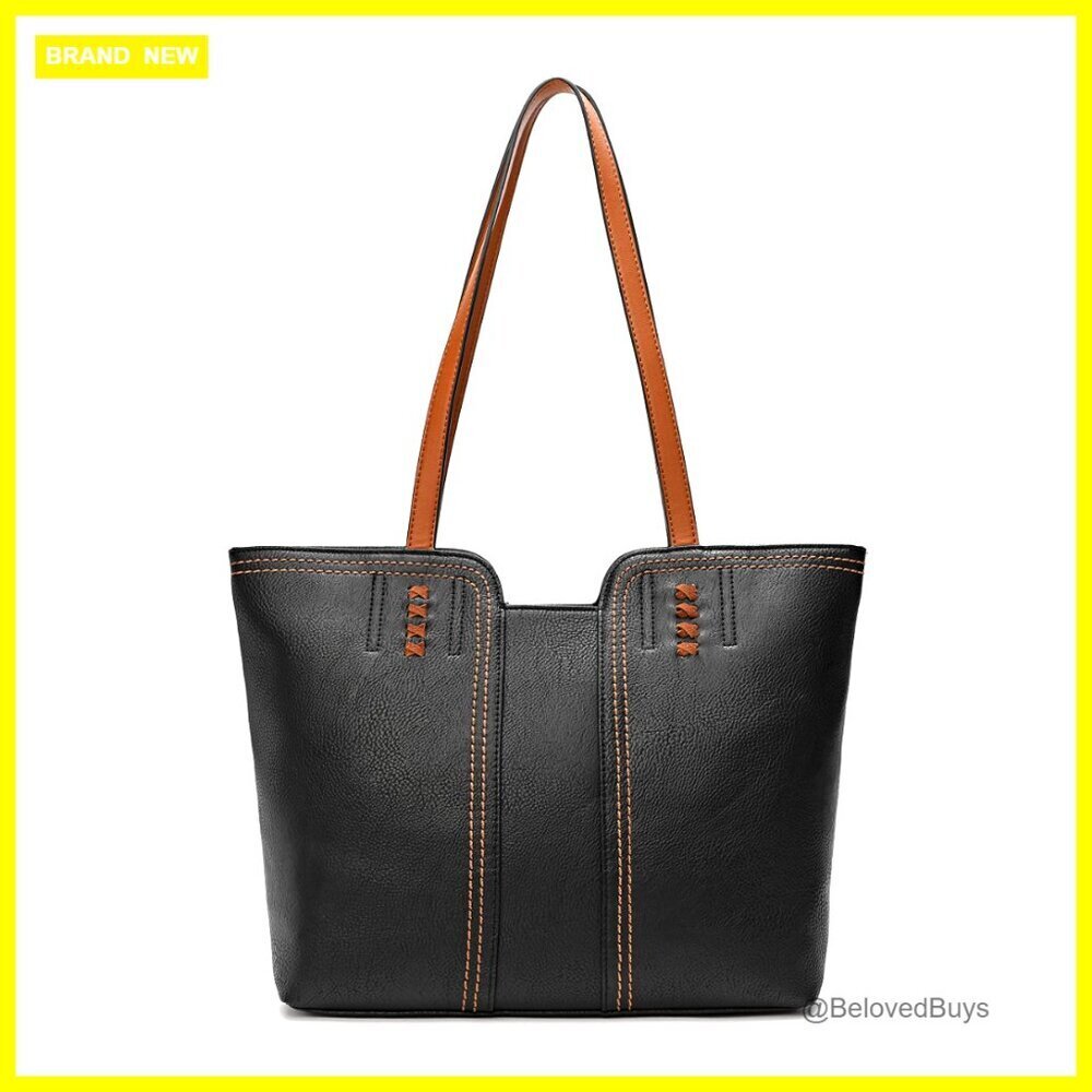 Large Vegan Leather Tote Bag with Top Zipper and Shoulder Strap
